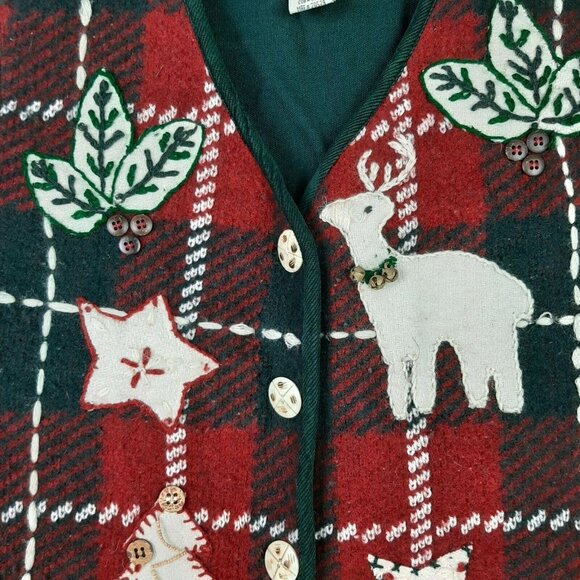 Vtg TanTrums Christmas Sweater Vest Wool Blend Green Red Holiday Applique M - Picture 3 of 9